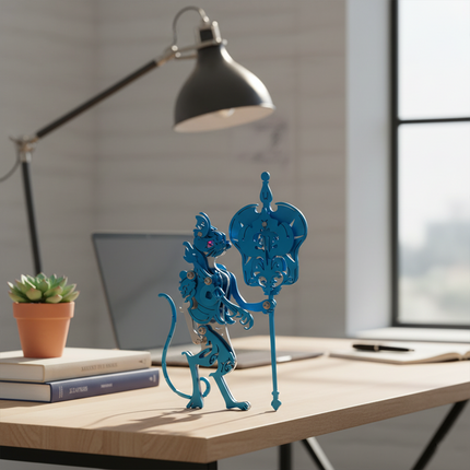 Blue Metal Iron Fan Elder, placed on a clean wooden desk alongside a desk lamp and books—an engaging DIY 3D puzzle perfect for a stylish and fun workspace