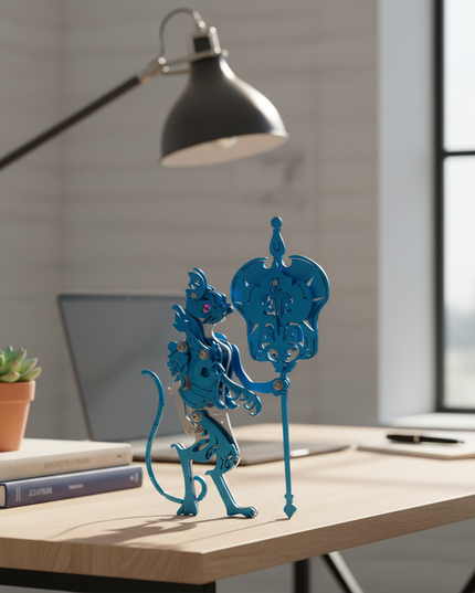 Blue Metal Iron Fan Elder, placed on a clean wooden desk alongside a desk lamp and books—an engaging DIY 3D puzzle perfect for a stylish and fun workspace
