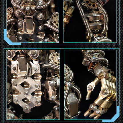 Close-up details of a DIY 3D puzzle Metal Kits, showcasing the intricate gears, springs, and articulated parts. This funny table display piece highlights the craftsmanship of metal model assembly.