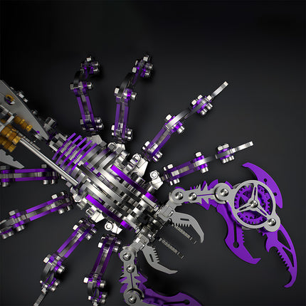 Close-up of Purple Scorpion 3D Puzzle Metal Model Details - Precision components of DIY Metal Kits, including polished purple gear structures, movable pincers, and silver screw joints. This intricate 3D puzzle piece features interlocking mechanical parts, designed to assemble into a dynamic decor that brings a futuristic vibe to any funny table.