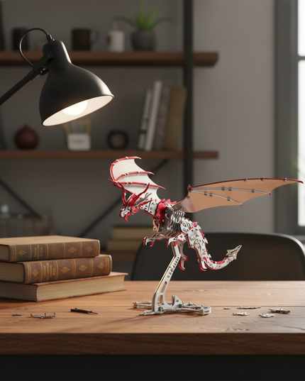 A stunning red and silver DIY 3D puzzle Metal Kits dragon metal model proudly displayed on a wooden desk, illuminated by a task lamp. This intricate metal model makes a fantastic funny table decoration, adding character to any study or office space