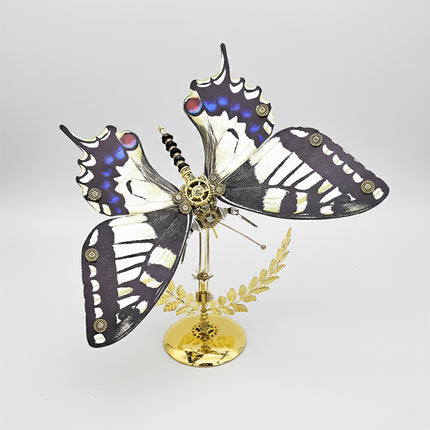 A dynamic steampunk puzzle, a magnificent mechanical swallowtail butterfly with striking black, white, and blue patterned wings, elegantly poised on a golden stand against a clean background. This intricate metal model highlights sophisticated mechanical steampunk design, making it an impressive 3D puzzle Metal Kit for hobbyists or a captivating steampunk mech decorative piece that showcases its vibrant coloration and detailed craftsmanship in an active, poised stance.