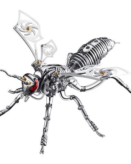 teampunk Mechanical Wasp 3D Metal Puzzle Kit - A captivating project for mechanics, steampunk aficionados, and insect-inspired design lovers, this creation presents a mechanical wasp with metallic components, intricate gear-driven mechanisms, and futuristic-vintage styling, set against a transparent backdrop to highlight its sleek, detailed artistry. It’s a desk-centerpiece-worthy signature piece.