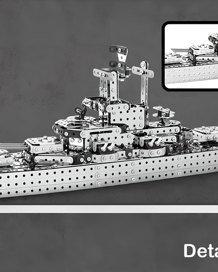 Detailed view of a warship 3D puzzle metal model built from DIY Metal Kits, showcasing alloy structure, screws, and precise mechanical assembly design