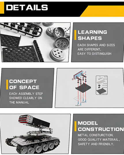 A detailed breakdown of a metal model kit, showing individual components for "LEARNING SHAPES," a "CONCEPT OF SPACE" assembly diagram, and a final "MODEL CONSTRUCTION" of a tank with a missile launcher. This DIY 3D puzzle highlights the quality of our Metal Kits, promising a fun and educational funny table activity