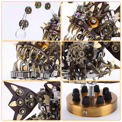 Close-up details showcasing a steampunk-style metal model, featuring gears, spikes, and mechanical structures. This premium DIY 3D assembly metal kit from tablefunny is the perfect choice for creative desktop collectors