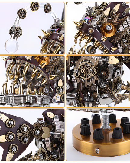 Close-up details showcasing a steampunk-style metal model, featuring gears, spikes, and mechanical structures. This premium DIY 3D assembly metal kit from tablefunny is the perfect choice for creative desktop collectors