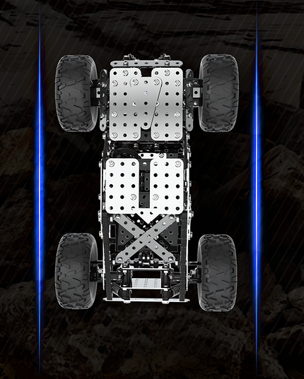 A futuristic off-road vehicle 3D metal assembly model displayed from a bird's-eye view, featuring a structural metal chassis that radiates technological sophistication. This DIY metal assembly kit combines mechanical artistry with creative desktop decor value