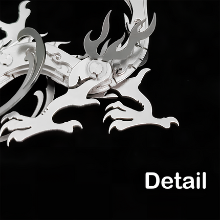  A close-up detail of a white Chinese dragon 3D puzzle metal model, showcasing the intricate scales and flames of this exquisite DIY metal kit. This metal model highlights fine craftsmanship, making it a unique and funny table accent