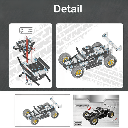 DIY 3D puzzle Metal Kits detail panel showing step-by-step chassis assembly with T0×4 and T5.5×4 screws on the left and the finished off-road buggy model on the right