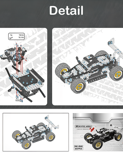 DIY 3D puzzle Metal Kits detail panel showing step-by-step chassis assembly with T0×4 and T5.5×4 screws on the left and the finished off-road buggy model on the right