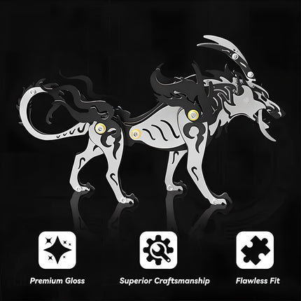 Stylized wolf king metal model 3D puzzle featuring 'Premium Gloss', 'Superior Craftsmanship', and 'Flawless Fit', a high-quality mechanical steampunk metal kit offering an exceptional steampunk puzzle experience.