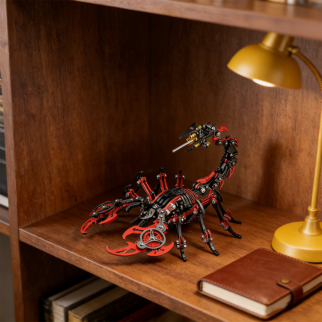  A finely crafted red and black steampunk mech scorpion maquette en metal, poised on a wooden bookshelf under the warm light of a golden lamp. This detailed 3D metal model kit serves as a captivating steampunk puzzle and an elegant decorative piece.