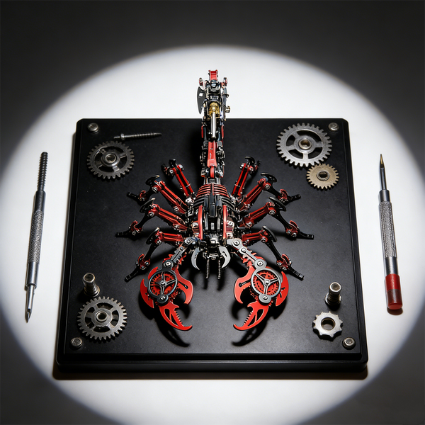  A striking red and black steampunk mech scorpion maquette en metal, meticulously arranged on a black display board with various gears and tools. This intricate 3D metal model kit is a challenging steampunk puzzle, perfect for showcasing mechanical artistry.