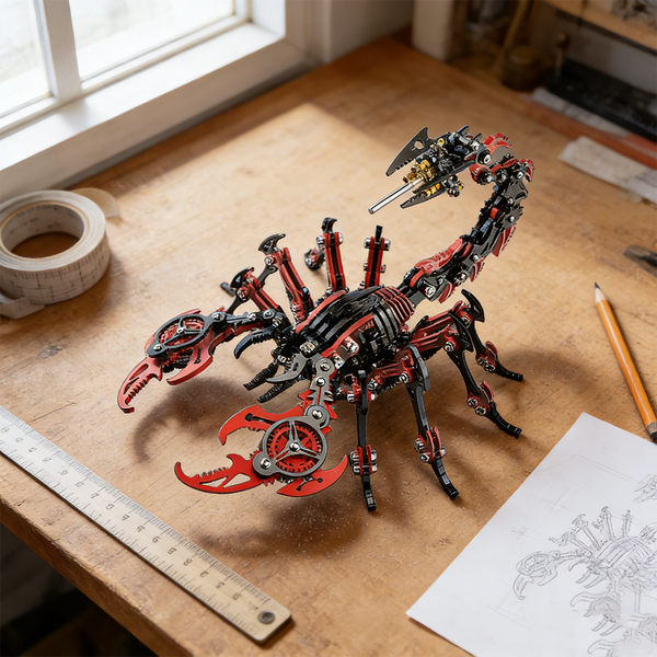An impressive red and black steampunk mech scorpion maquette en metal, displayed on a wooden workbench with rulers, pencils, and design sketches. This intricate 3D metal model kit offers a challenging steampunk puzzle for mechanical design enthusiasts.