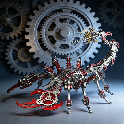  A striking red and silver steampunk mech scorpion maquette en metal with intricate gears and a menacing tail, displayed against a backdrop of large industrial cogs. This detailed 3D metal model kit is a captivating steampunk puzzle for mechanical art collectors.