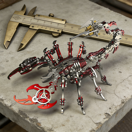  A formidable red and silver steampunk mech scorpion maquette en metal, displayed on a concrete block next to a large brass caliper. This highly detailed 3D metal model kit is a complex steampunk puzzle, emphasizing precision and mechanical design.