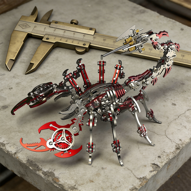  A formidable red and silver steampunk mech scorpion maquette en metal, displayed on a concrete block next to a large brass caliper. This highly detailed 3D metal model kit is a complex steampunk puzzle, emphasizing precision and mechanical design.