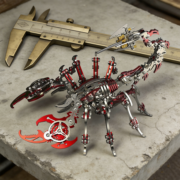  A formidable red and silver steampunk mech scorpion maquette en metal, displayed on a concrete block next to a large brass caliper. This highly detailed 3D metal model kit is a complex steampunk puzzle, emphasizing precision and mechanical design.