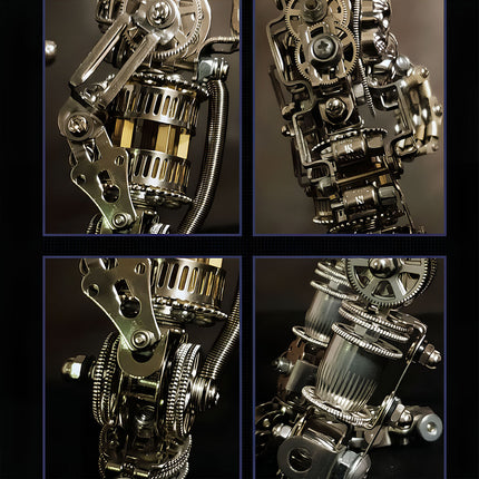  Quad-panel display of mechanical steampunk leg joints and gears, highlighting the detailed construction of this metal model. Essential components for a challenging 3D puzzle metal kit.