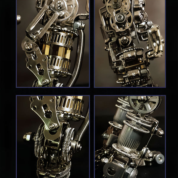  Quad-panel display of mechanical steampunk leg joints and gears, highlighting the detailed construction of this metal model. Essential components for a challenging 3D puzzle metal kit.