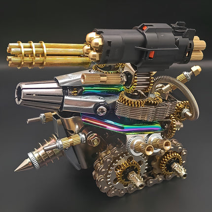  Intricate metal model of a mechanical steampunk style gatling gun or weapon, featuring gold barrels, gears, chains, and various metal components. A unique steam punk mech creation.