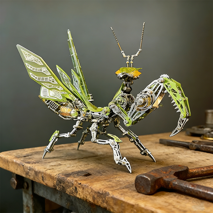 Intricate metal model praying mantis 3D puzzle kit with steampunk puzzle elements, featuring detailed mechanical gears and vibrant green wings. A perfect mechanical steampunk display piece or challenging metal kits for enthusiasts.