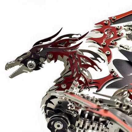 Close-up of steam punk mech joints and flame-patterned wings from the 3D puzzle Metal Kits dragon, highlighting the complex DIY assembly.