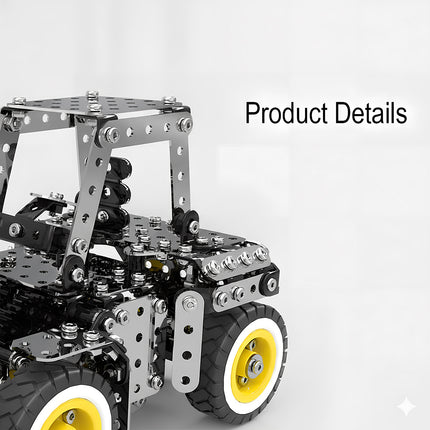 Product details of a mechanical steampunk farm vehicle metal model, part of the professional 3D puzzle Metal Kits by Tablefunny.