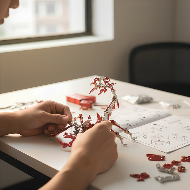 Step-by-step DIY assembly of a steam punk mech scorpion, featuring the high-quality components of Tablefunny's 3D puzzle Metal Kits.