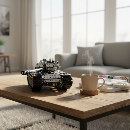 This Mechanical Tank 3D Metal Puzzle Kit features a detailed design with interlocking metallic components and realistic tank tracks. Showcased on a wooden coffee table in a cozy living space, it blends mechanical engineering aesthetics with a realistic tank form. Serving as a distinctive display piece, it adds a touch of mechanical artistry and hobbyist charm to your home decor, ideal for enthusiasts and those seeking a unique decorative element in their living area.