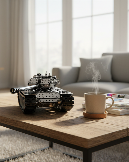 This Mechanical Tank 3D Metal Puzzle Kit features a detailed design with interlocking metallic components and realistic tank tracks. Showcased on a wooden coffee table in a cozy living space, it blends mechanical engineering aesthetics with a realistic tank form. Serving as a distinctive display piece, it adds a touch of mechanical artistry and hobbyist charm to your home decor, ideal for enthusiasts and those seeking a unique decorative element in their living area.