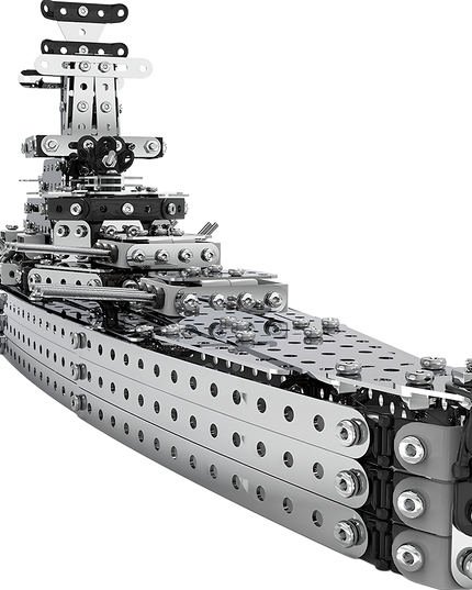 Front perspective view of a metal battleship 3D puzzle model built from DIY Metal Kits, featuring alloy hull, turrets, and precise mechanical structure