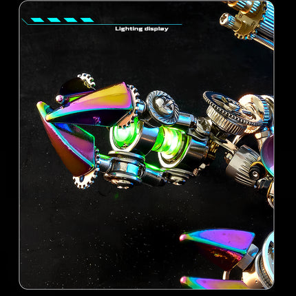  Lighting display of a mechanical crab metal model's glowing green claws, highlighting a vibrant 3D puzzle with mechanical steampunk features.