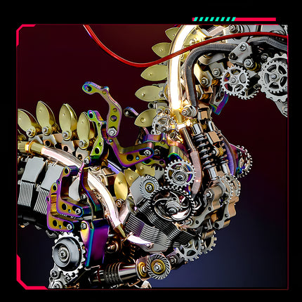  Intricate details of a mechanical dragon's glowing spine and neck, showcasing a complex metallic 3D puzzle design from a premium metal model kit.