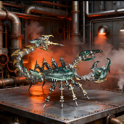 Steampunk Industrial-Scene Translucent Teal Scorpion 3D Puzzle Metal Kits - Gear-Detailed DIY Metal Model with Smoky Factory Backdrop for Atmospheric Funny Table Displays