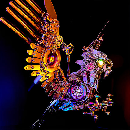 Abstract metallic 3D puzzle bird with vibrant color contrast, an intricate metal model kit showcasing unique mechanical metal design.