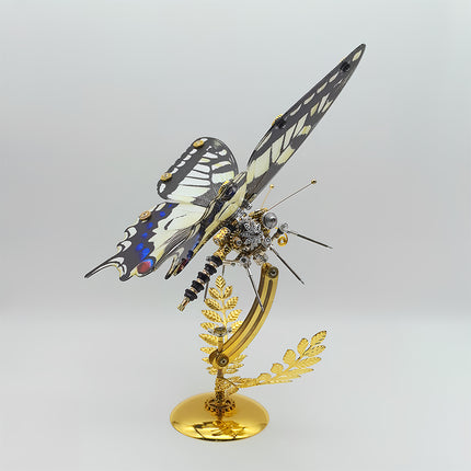 Black-white striped steampunk butterfly DIY 3D puzzle metal model - mechanical funny table decor from metal kits, fern-shaped golden stand ornament