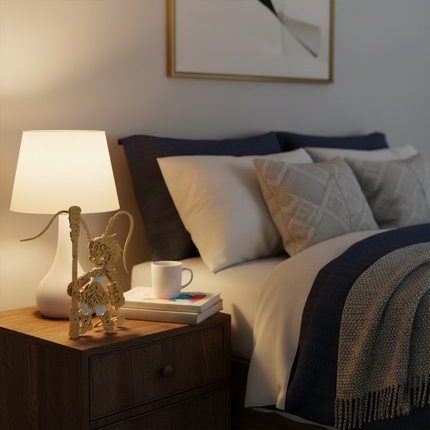 Gold and silver 3D metal Sun Wukong puzzle model on a wooden nightstand, a DIY craft kit for adults displayed as a bedside ornament next to a lamp in a cozy, modern bedroom