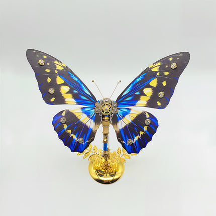 Blue-yellow steampunk butterfly DIY 3D puzzle metal model - gear-embellished funny table decor from metal kits, mechanical insect ornament