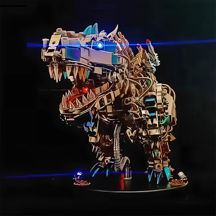 Complex assembly details of a heavy weaponized **Mecha T-Rex** DIY **metal model kit** on a display stand.