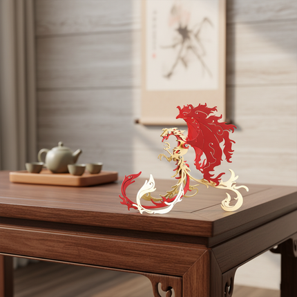 Elegant Oriental Charm: A finished Red and Gold Vermilion Bird metalcraft kit, the perfect artistic accent piece for a traditional study or teahouse