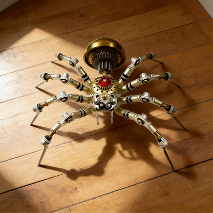  A `mechanical steampunk` spider `metal model` on a wooden floor, featuring a detailed `steampunk puzzle` design, showcasing the precision of `3D puzzle Metal Kits`.