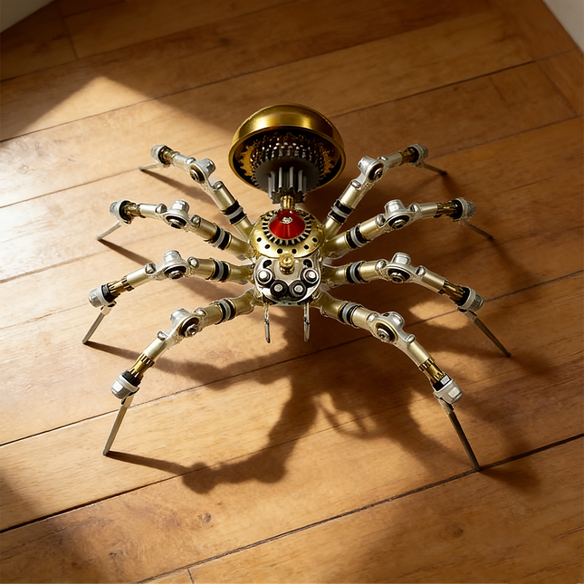  A `mechanical steampunk` spider `metal model` on a wooden floor, featuring a detailed `steampunk puzzle` design, showcasing the precision of `3D puzzle Metal Kits`.