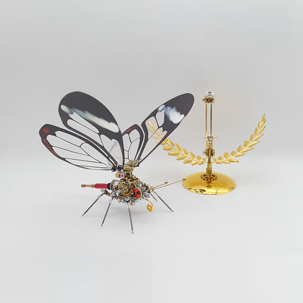 Steampunk transparent-wing mechanical insect DIY 3D puzzle metal kits - engaging hands-on assembly craft with detachable gilded stand, finished as edgy funny table decor for industrial spaces/gaming setups, featuring intricate gearwork & vivid red accents