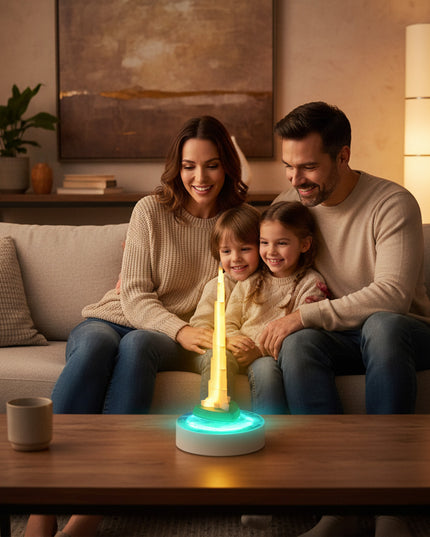 Floating anti-gravity tower lamp with warm yellow glow on a white base featuring a green LED ring, enjoyed by parents and children on a cozy sofa