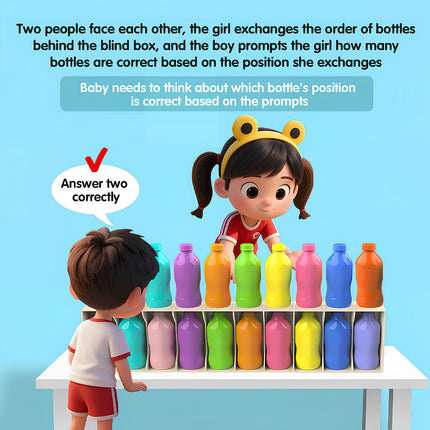 Children playing the Tablefunny Bottle Collision guessing game where a girl rearranges colorful bottles behind a blind box while a boy guesses how many are correct based on positional prompts - a fun educational memory and logic game for kids
