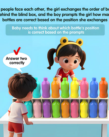 Children playing the Tablefunny Bottle Collision guessing game where a girl rearranges colorful bottles behind a blind box while a boy guesses how many are correct based on positional prompts - a fun educational memory and logic game for kids