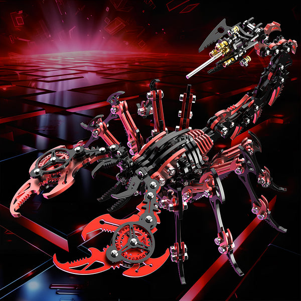  A fierce red and black mechanical scorpion, a metallic 3D puzzle, standing on a reflective, futuristic surface with a glowing red background. This metal model kit is an impressive display piece.