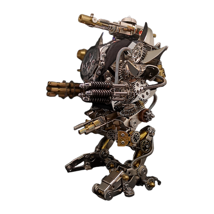 Side view of a heavily armed steampunk bipedal metal model. This complex DIY 3D puzzle is part of our advanced Metal Kits, perfect for a "funny table" display and a true "table funny" challenge for metal model enthusiasts